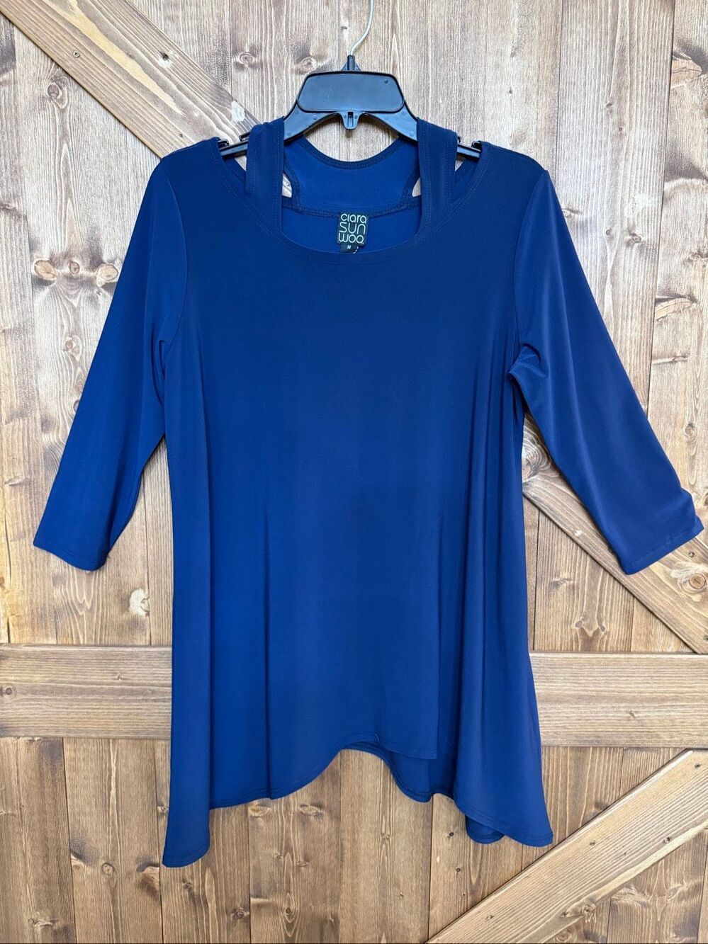 Clara Sun Woo Women’s M Navy Blue Cold Shoulder Tunic Top 3/4 Sleeve USA(9314)